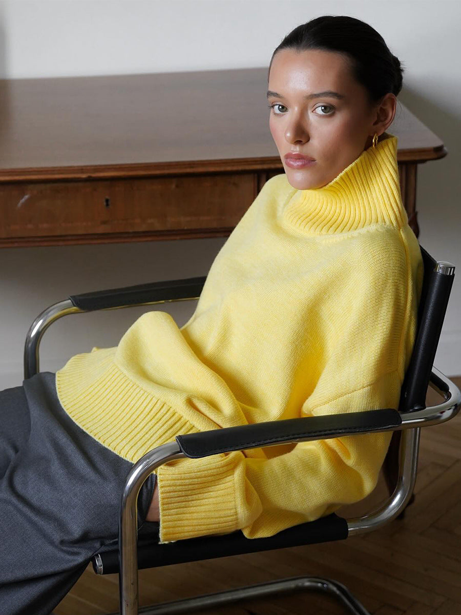 Cross-Border2025Hot-Selling European and American Style Autumn Winter Solid Color High Neck Knitted Sweater Loose Slimming Versatile Knitted Sweater for Women