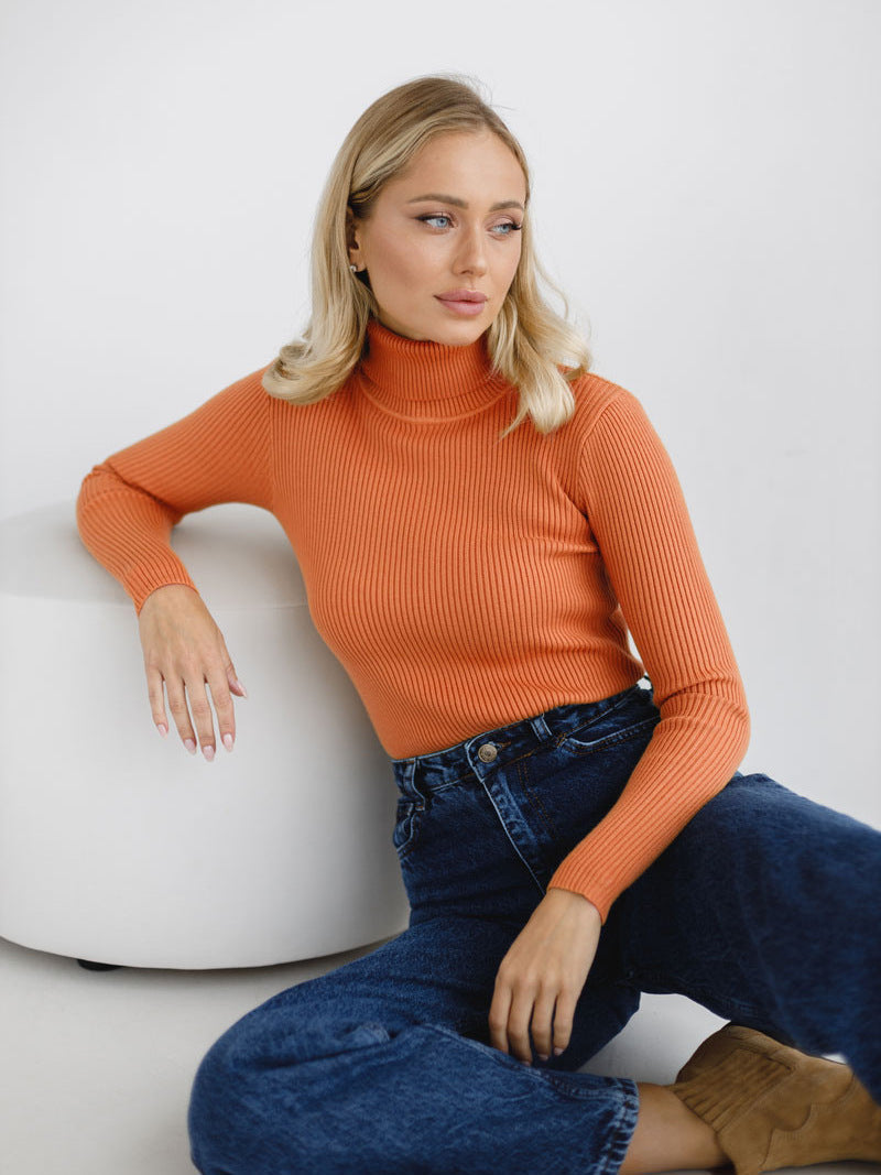 Cross-border Turtleneck Sweater Knitted Base Shirt European and American Style2025Amazon Autumn Knitted Sweater High Neck Pullover Sweater for Women