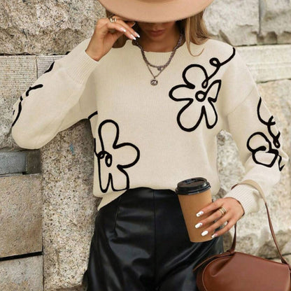 Cross-Border European and American Autumn Winter New Women's Sweater Fashion Flower Three-Dimensional Embroidery Round Neck Pullover Long Sleeve Knitted Sweater for Women