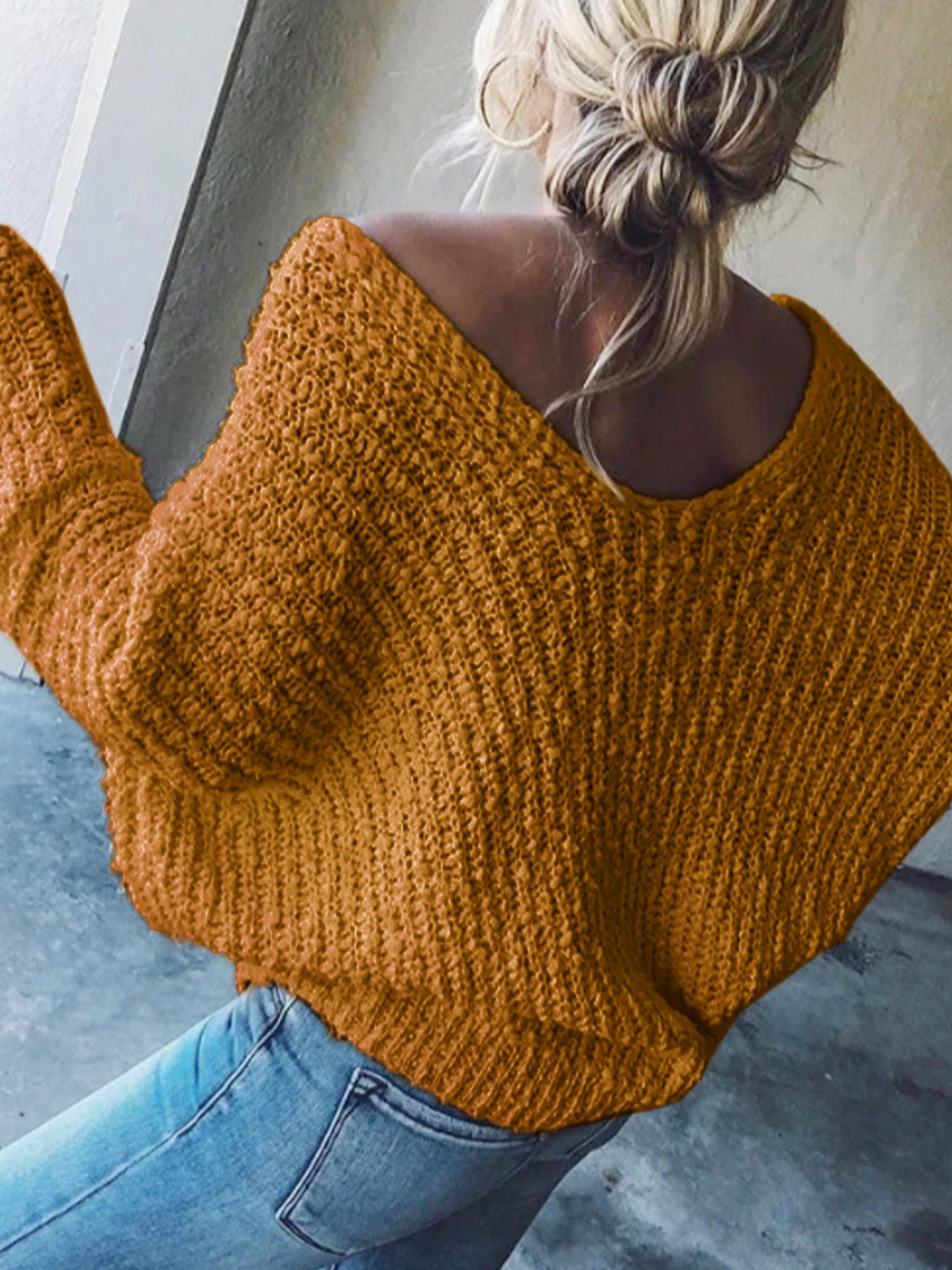 Foreign Trade Cross-Border European and American Amazon Source Manufacturer Large V Collar Hollow Pullover Knit Sweater Long Sleeve Solid Color Spring Autumn