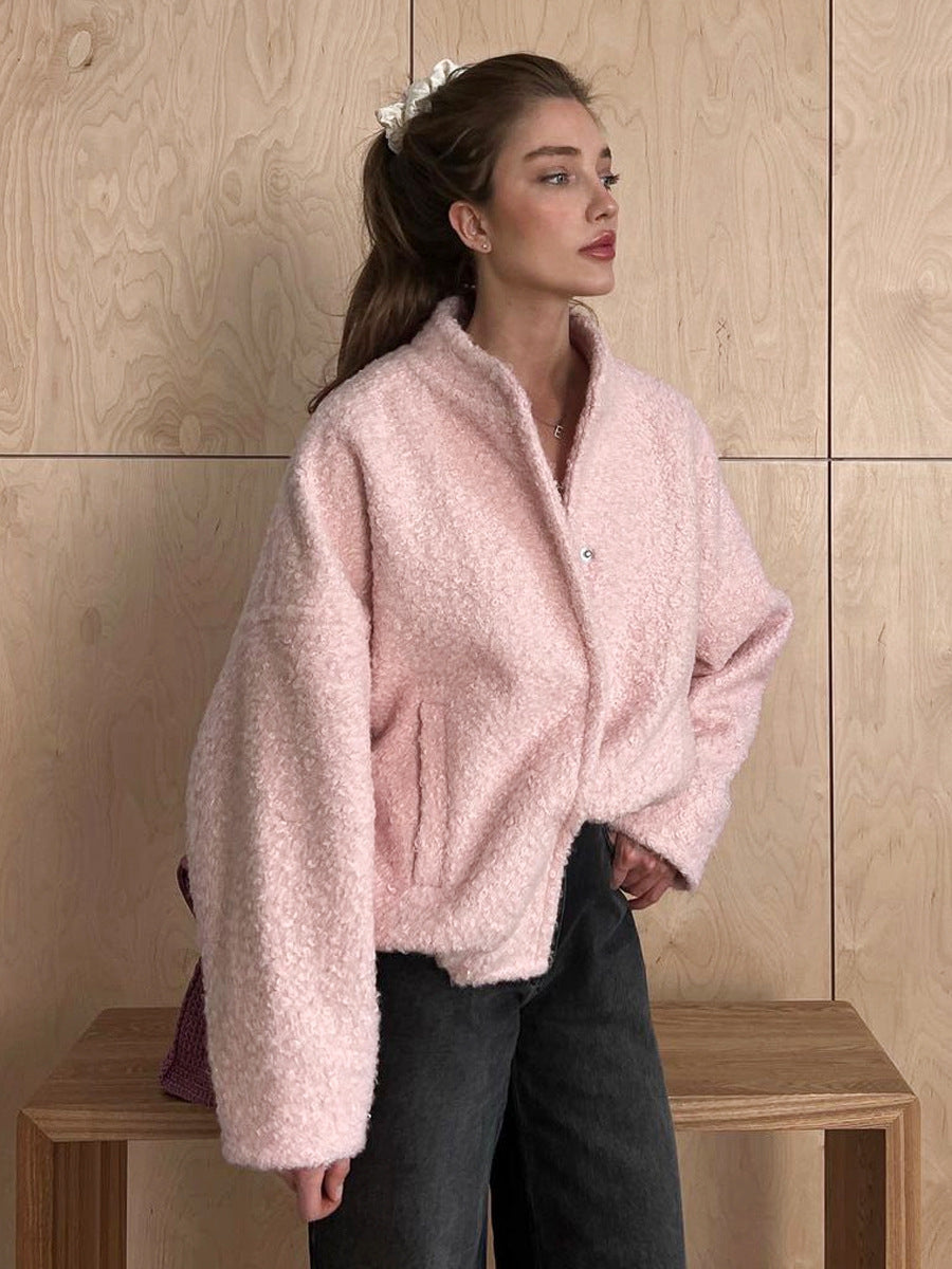 Cross-border Pink Jacket Europe and America2025Winter New Style Elegant Casual Stand Collar Drop Shoulder Short Furry Coat