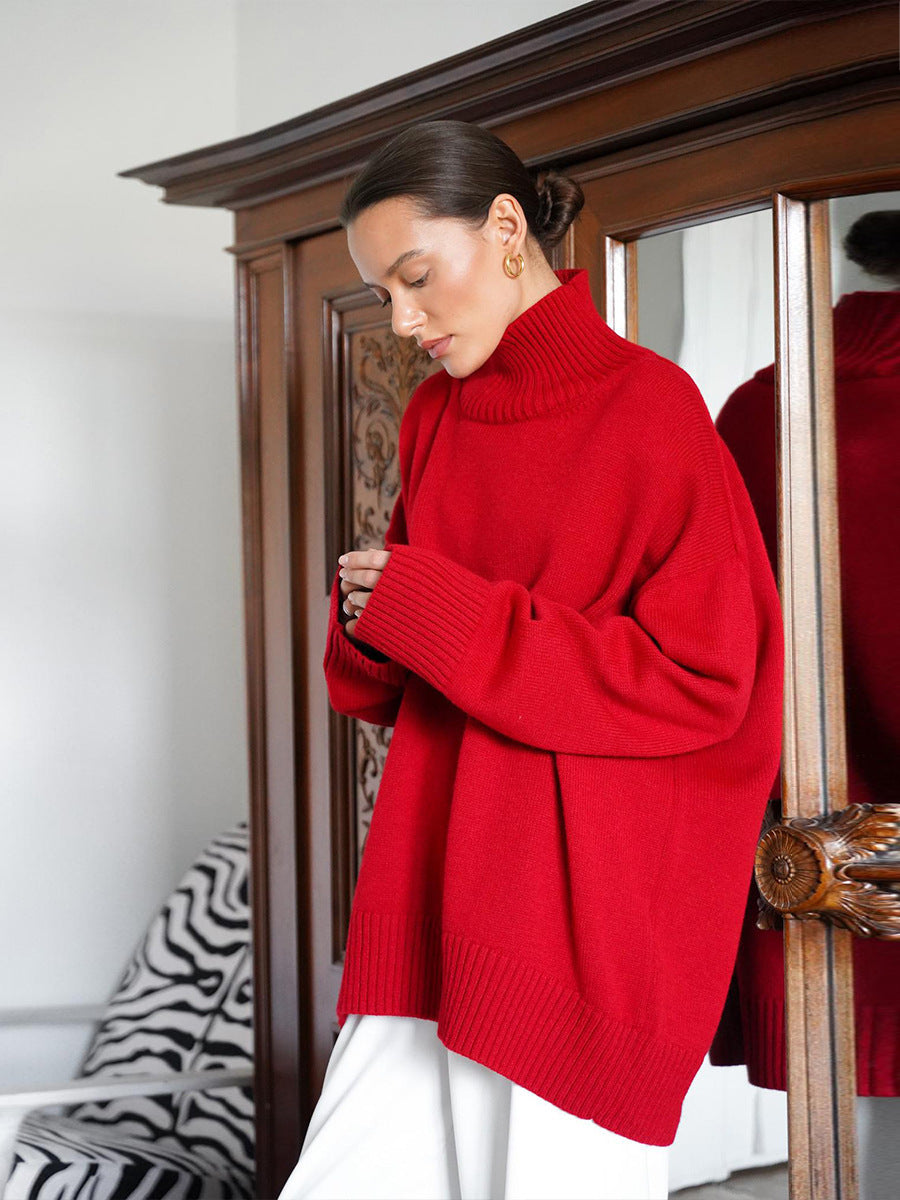 Cross-Border2025Hot-Selling European and American Style Autumn Winter Solid Color High Neck Knitted Sweater Loose Slimming Versatile Knitted Sweater for Women