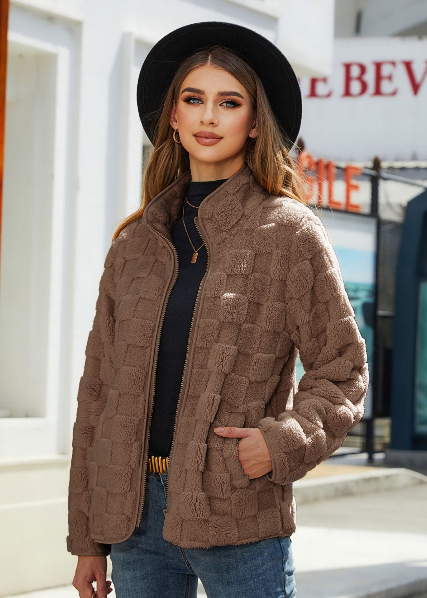 Shiny Velvet2023Autumn and Winter New Cross-Border European and American Women's Long Sleeve Cardigan Zipper Loose Solid Color Plaid Fuzzy Coat