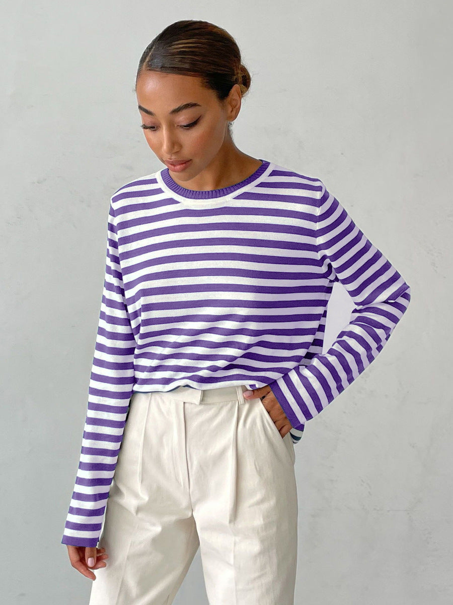 Cross-border Round Neck Knitted Striped Sweater European and American Style2025Spring Versatile Classic Retro Striped Pullover Sweater for Women