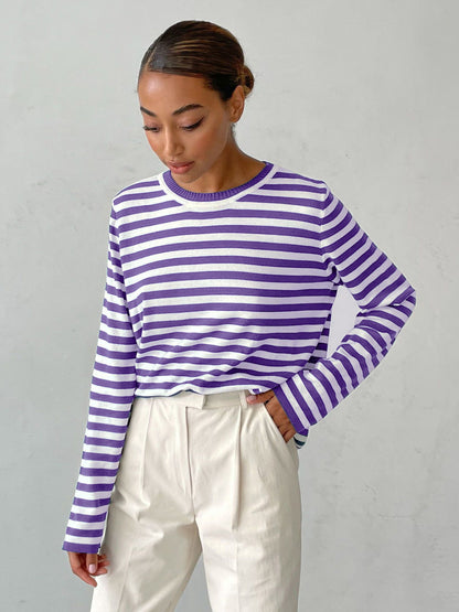 Cross-border Round Neck Knitted Striped Sweater European and American Style2025Spring Versatile Classic Retro Striped Pullover Sweater for Women