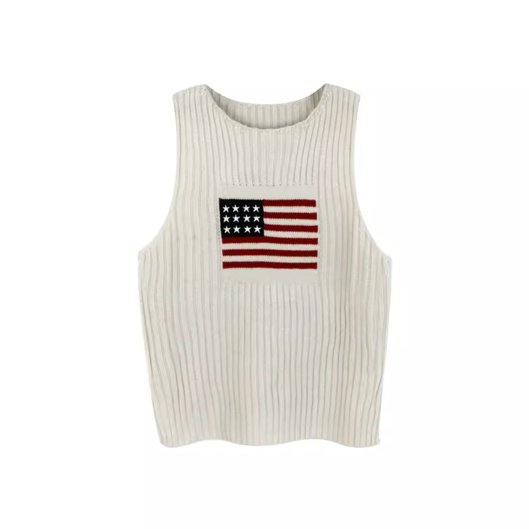 Foreign Trade Cross-Border European and American Amazon Source Manufacturer Sweater Women's Knitted Top American Independence Day Flag Vest Summer