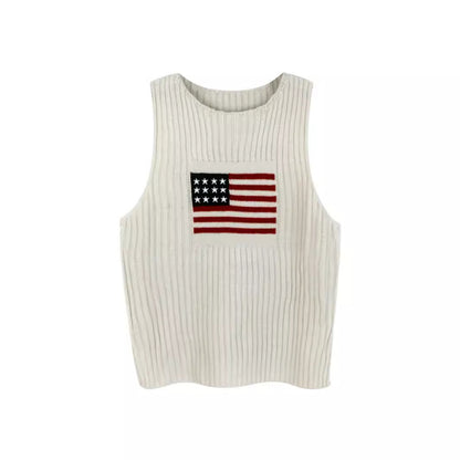 Foreign Trade Cross-Border European and American Amazon Source Manufacturer Sweater Women's Knitted Top American Independence Day Flag Vest Summer
