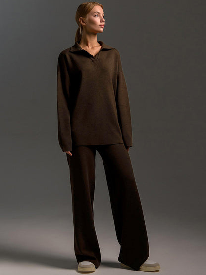 Sultyra Sweater Suit Polo Knitted Pullover Sweater+Wide-leg Pants Two-piece Set