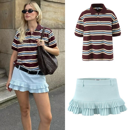 Cross-border European and American Fashion Striped Short Sleeve T Shirt Top+Low Waist Pleated Short Skirt2025Spring New D79551