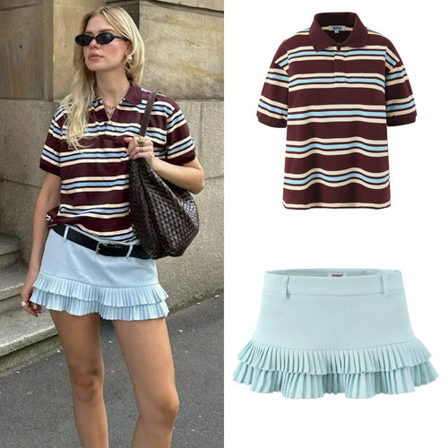 Cross-border European and American Fashion Striped Short Sleeve T Shirt Top+Low Waist Pleated Short Skirt2025Spring New D79551