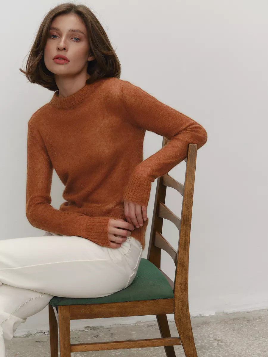 Cross-border Mohair Crew Neck Pullover Sweater European and American Style2025Spring and Summer New Comfortable Knitted Base Semi-Transparent Sweater for Women