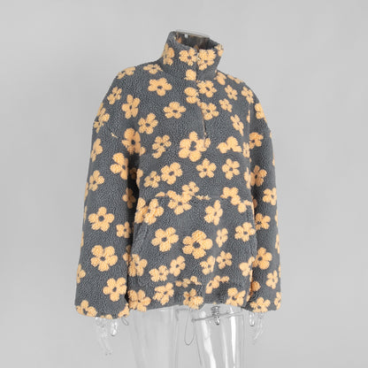 Cross-border fleece floral sweatshirt Europe and America2025Autumn and Winter New Fashion Sweatshirt Warm Fuzzy Sweatshirt Fleece Top for Women