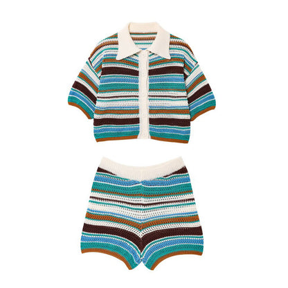Amazon Cross-Border Europe and America2025Spring New Crochet POLO Collared Knitted Top and Shorts Set B62049