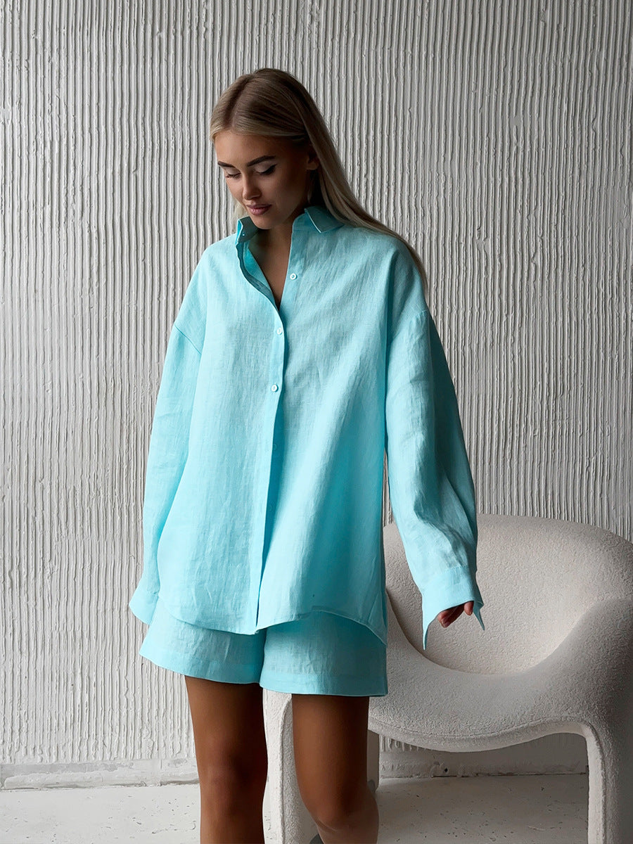 Cross-border pure cotton cardigan long sleeve shorts set2025Spring and summer outerwear simple solid color European and American style casual suit for women