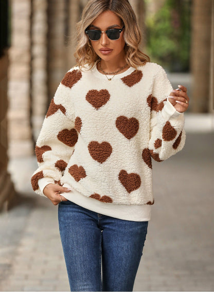 Shiny Velvet2023Cross-border Women's Fashion European and American Style Autumn Winter New Plush Heart Print Loose Long Sleeve Round Neck Pullover Sweatshirt