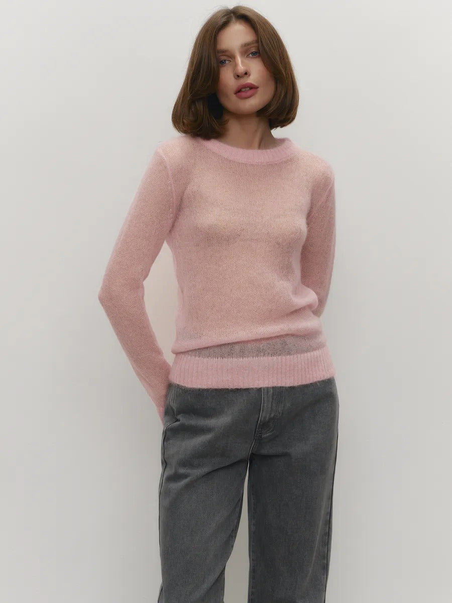 Cross-border Mohair Crew Neck Pullover Sweater European and American Style2025Spring and Summer New Comfortable Knitted Base Semi-Transparent Sweater for Women