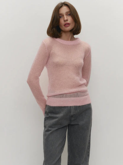Cross-border Mohair Crew Neck Pullover Sweater European and American Style2025Spring and Summer New Comfortable Knitted Base Semi-Transparent Sweater for Women