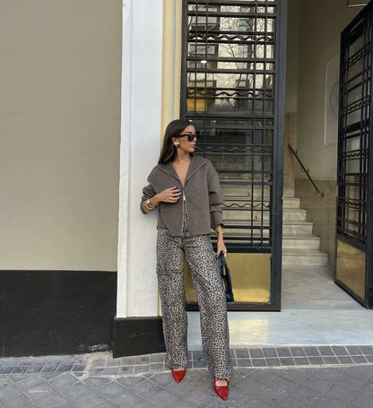 Europe and America2024Spring and Autumn Sports Jacket Stand Collar Loose Long Sleeve Women's Woolen Jacket Coat B88688