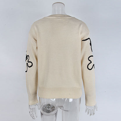 Cross-Border European and American Autumn Winter New Women's Sweater Fashion Flower Three-Dimensional Embroidery Round Neck Pullover Long Sleeve Knitted Sweater for Women