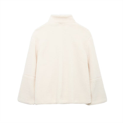 Cross-Border2024European and American Style Autumn Winter New Women's Solid Color Lazy Style Lamb Wool High Neck Woolen Coat A65002