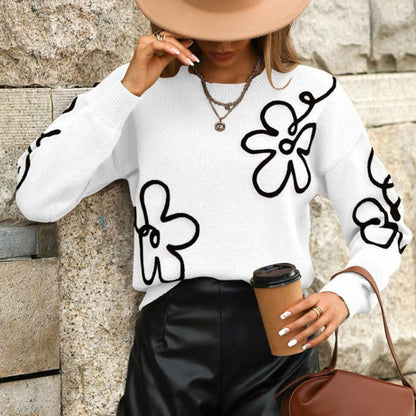 Cross-Border European and American Autumn Winter New Women's Sweater Fashion Flower Three-Dimensional Embroidery Round Neck Pullover Long Sleeve Knitted Sweater for Women