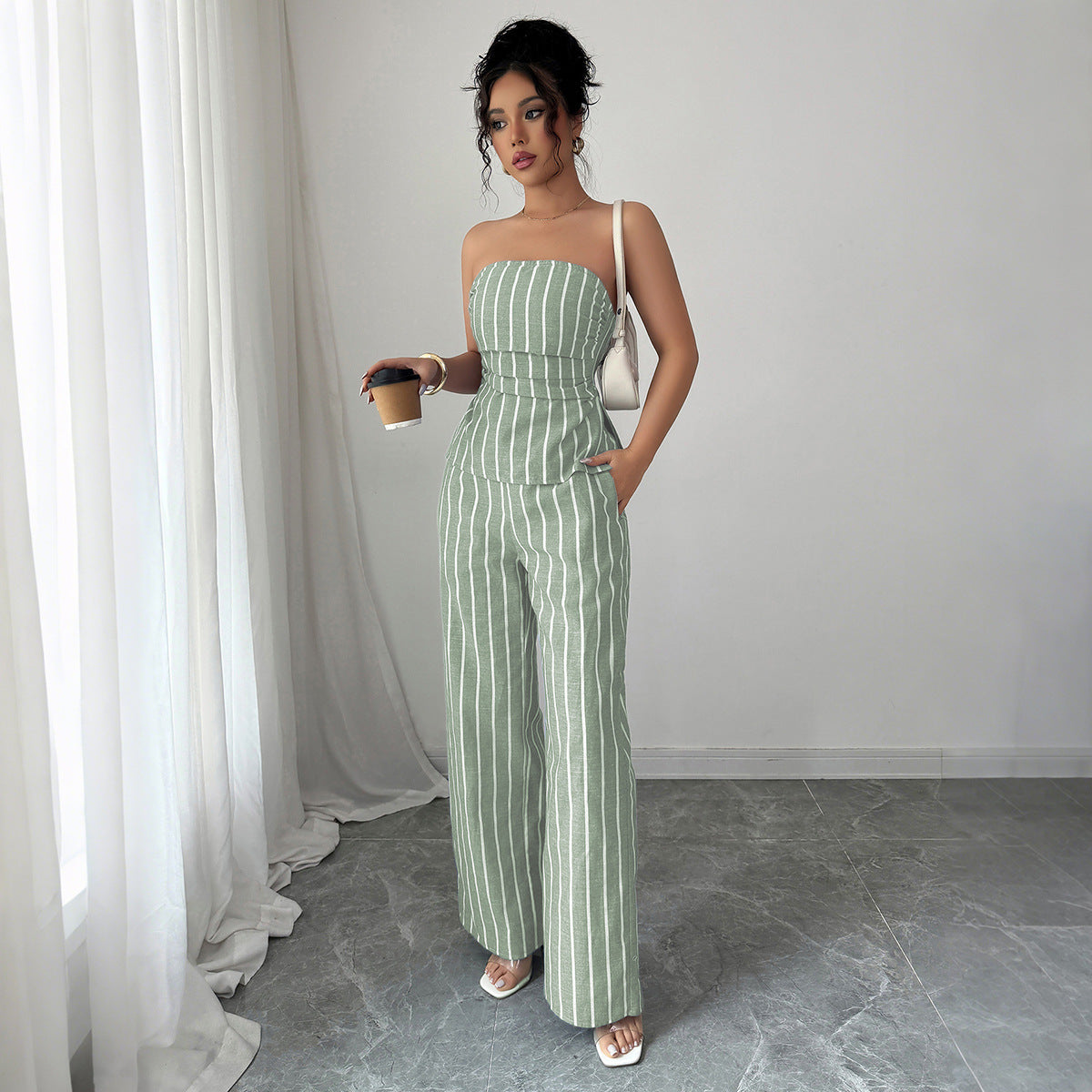 Cross-border Fashion Elegant Strapless Striped Long Pants Two-piece Set Women's Clothing2025Spring and Summer Amazon Non-Iron Comfortable