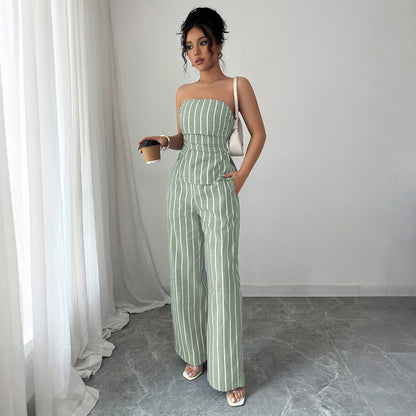 Cross-border Fashion Elegant Strapless Striped Long Pants Two-piece Set Women's Clothing2025Spring and Summer Amazon Non-Iron Comfortable