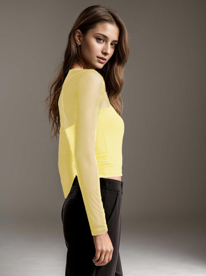 European and American Autumn New Foreign Trade Mesh Patchwork Sheer Asymmetrical Long Sleeve T T-shirt Pure Desire Sexy Unique Regular Shoulder Top