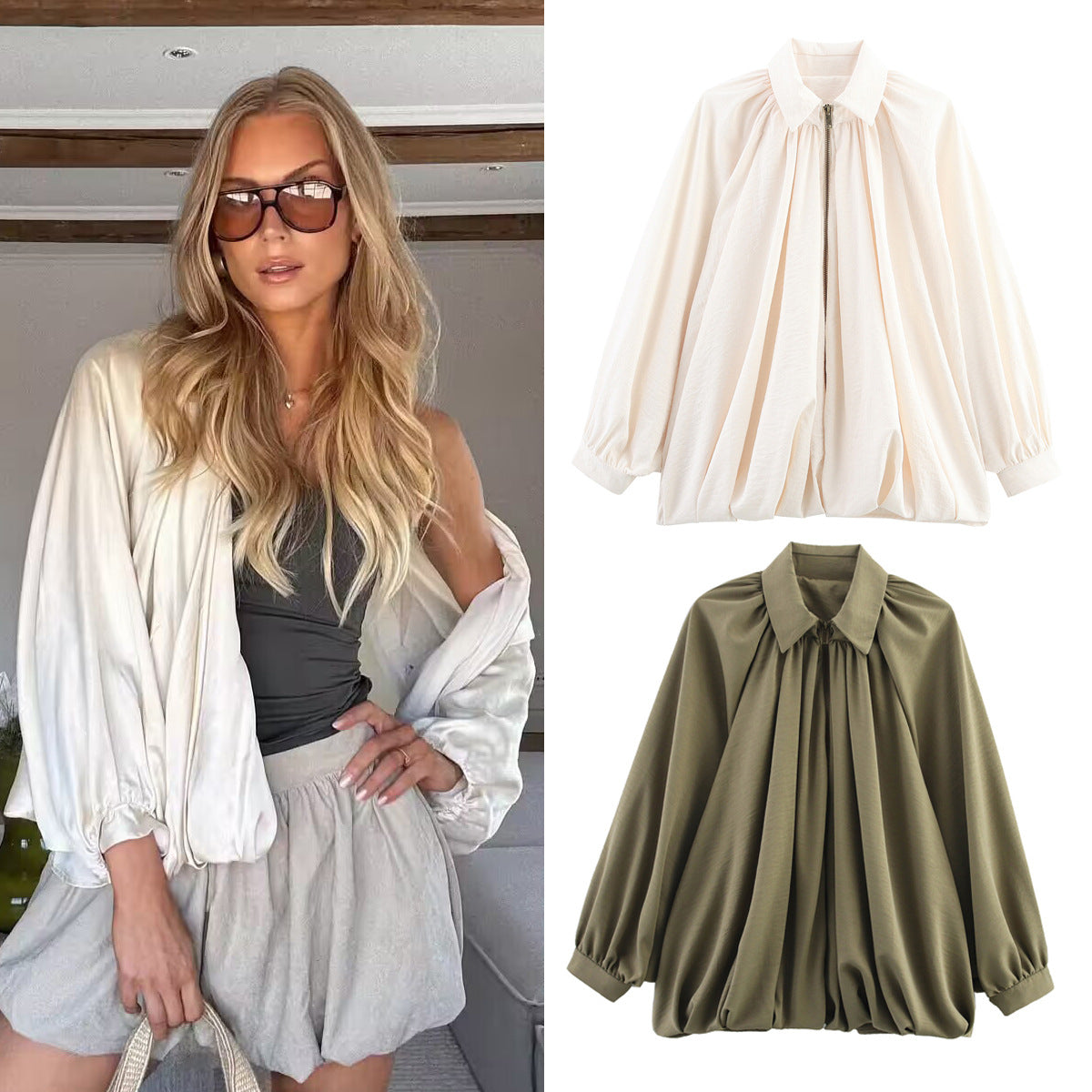 Cross-Border Foreign Trade Women's Clothing2025Autumn European and American Style Turn-Down Collar Long Sleeve Puff Jacket Baseball Coat for Women A15048