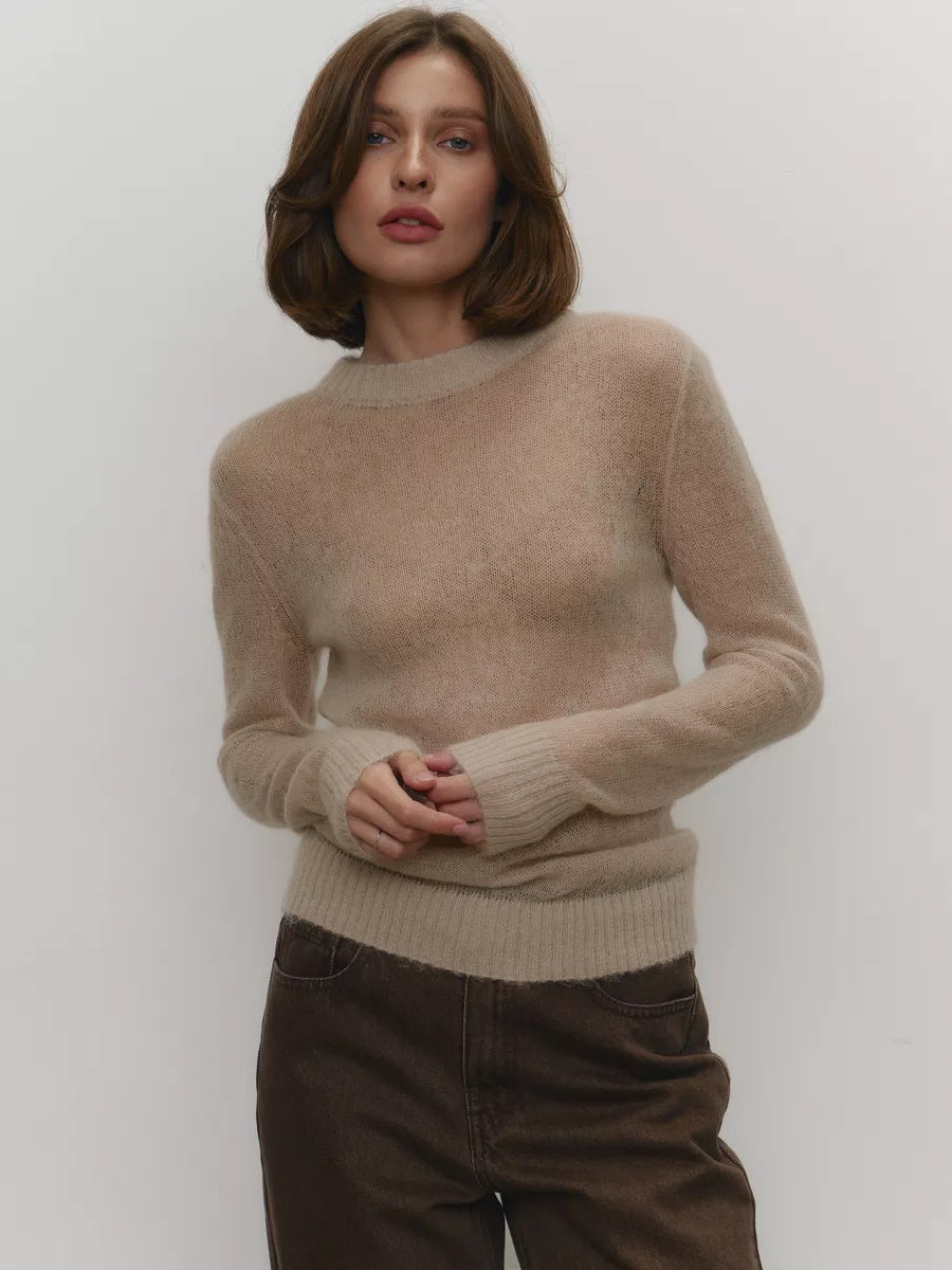 Cross-border Mohair Crew Neck Pullover Sweater European and American Style2025Spring and Summer New Comfortable Knitted Base Semi-Transparent Sweater for Women