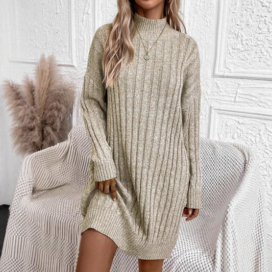 Sultyra High Neck Long Sleeve Loose Knitted Bodycon Dress