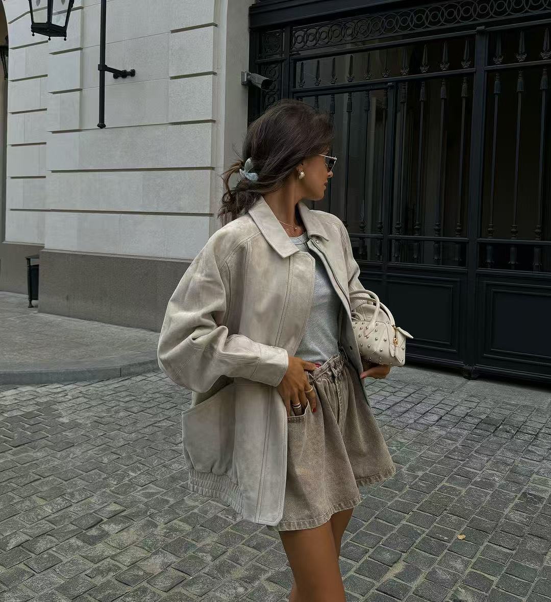 Cross-border Wholesale European and American Style2025Autumn and Winter Fashion Turn-Down Collar Suede Texture Loose Flight Jacket for Women A6