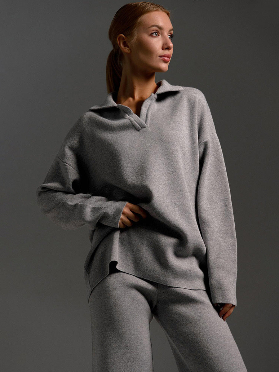 Sultyra Sweater Suit Polo Knitted Pullover Sweater+Wide-leg Pants Two-piece Set