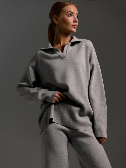 Sultyra Sweater Suit Polo Knitted Pullover Sweater+Wide-leg Pants Two-piece Set