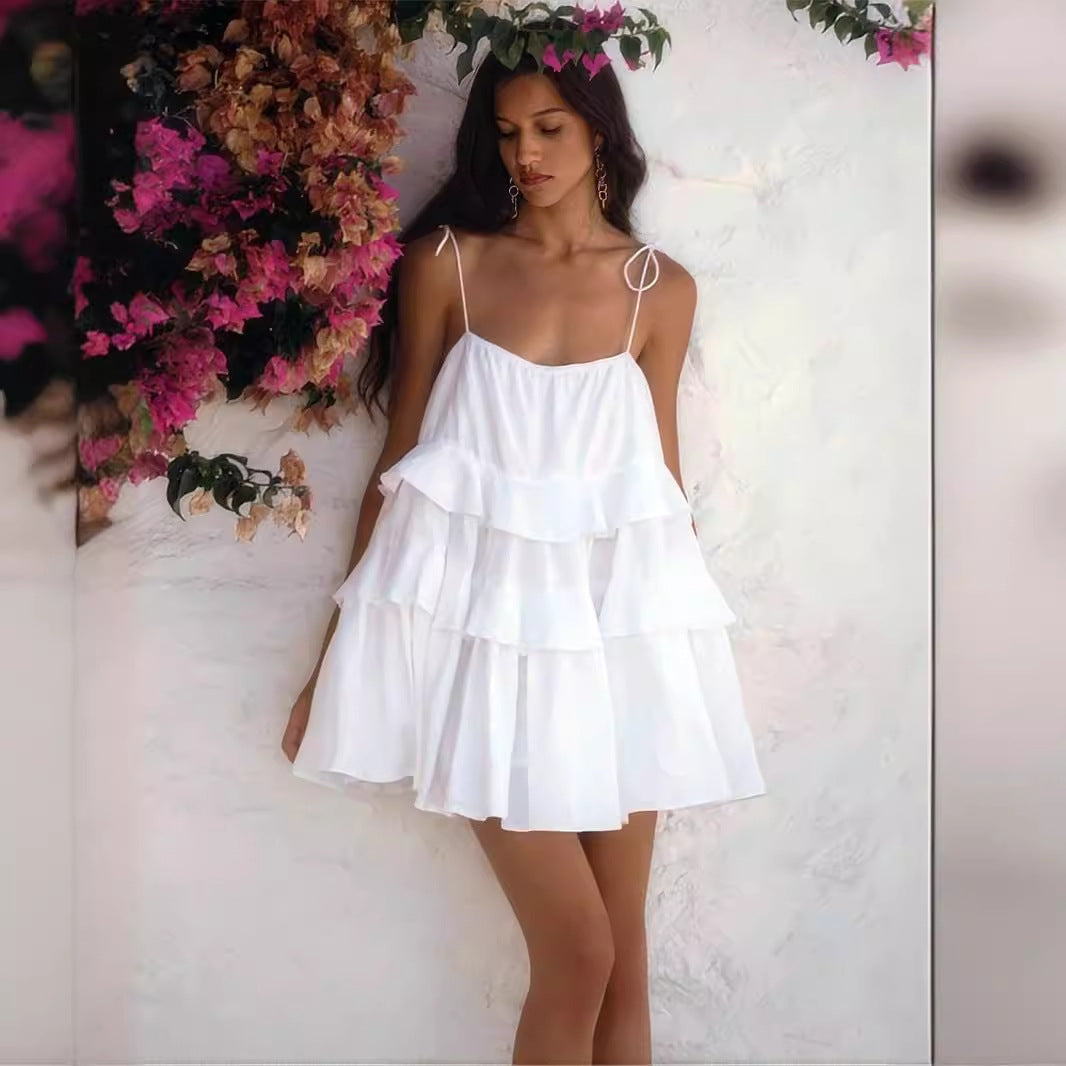 Cross-border spaghetti strap dress European and American style2025Summer Multi-layer Ruffle Cake Dress Short Backless Strap Dress
