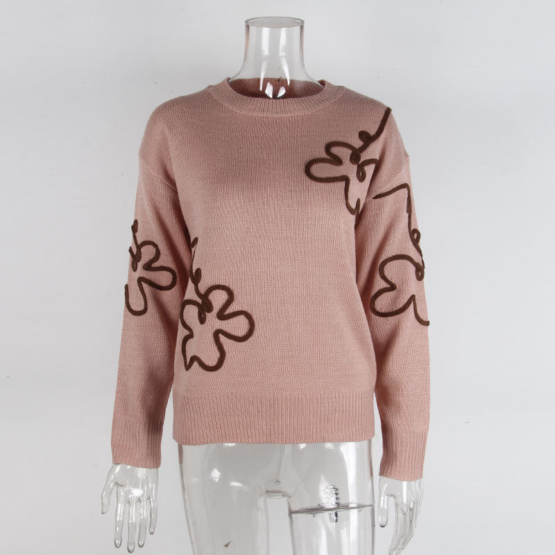 Cross-Border European and American Autumn Winter New Women's Sweater Fashion Flower Three-Dimensional Embroidery Round Neck Pullover Long Sleeve Knitted Sweater for Women