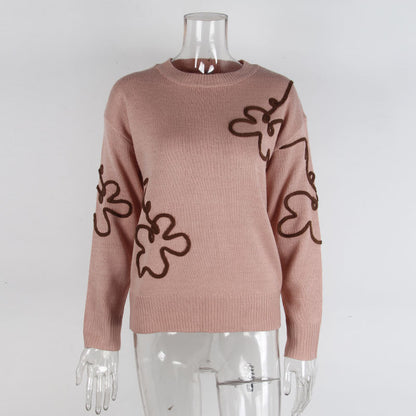 Cross-Border European and American Autumn Winter New Women's Sweater Fashion Flower Three-Dimensional Embroidery Round Neck Pullover Long Sleeve Knitted Sweater for Women