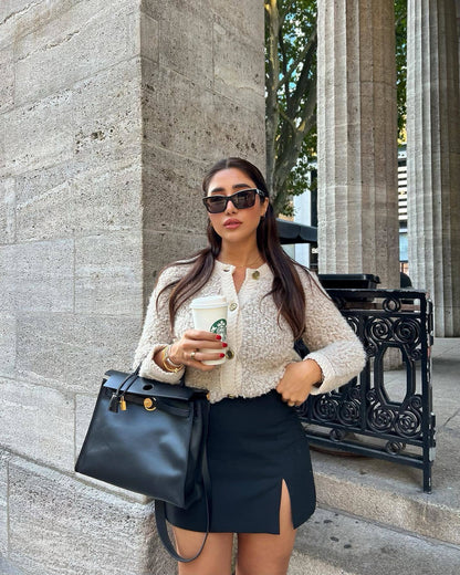 Cross-Border2023European and American Autumn Winter New Women's Solid Color Little Chanel Style Knitted Cardigan Short Woolen Coat B62822