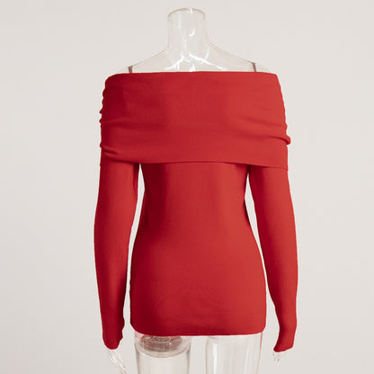 Cross-border Women's Sweater2025Autumn Winter European American Style Long Sleeve Knitted Bottoming Shirt One Shoulder Sexy Slim Off Shoulder Top