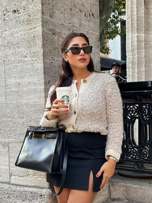 Cross-Border2023European and American Autumn Winter New Women's Solid Color Little Chanel Style Knitted Cardigan Short Woolen Coat B62822