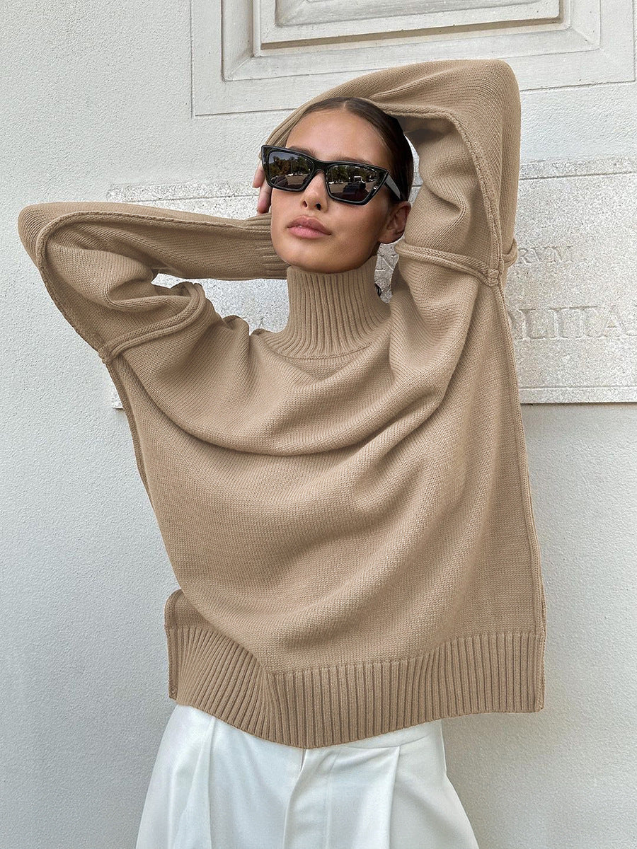Cross-Border Spliced Turtleneck Sweater for Women, European and American Style, Autumn and Winter New Casual Loose Thick Knitted Pullover