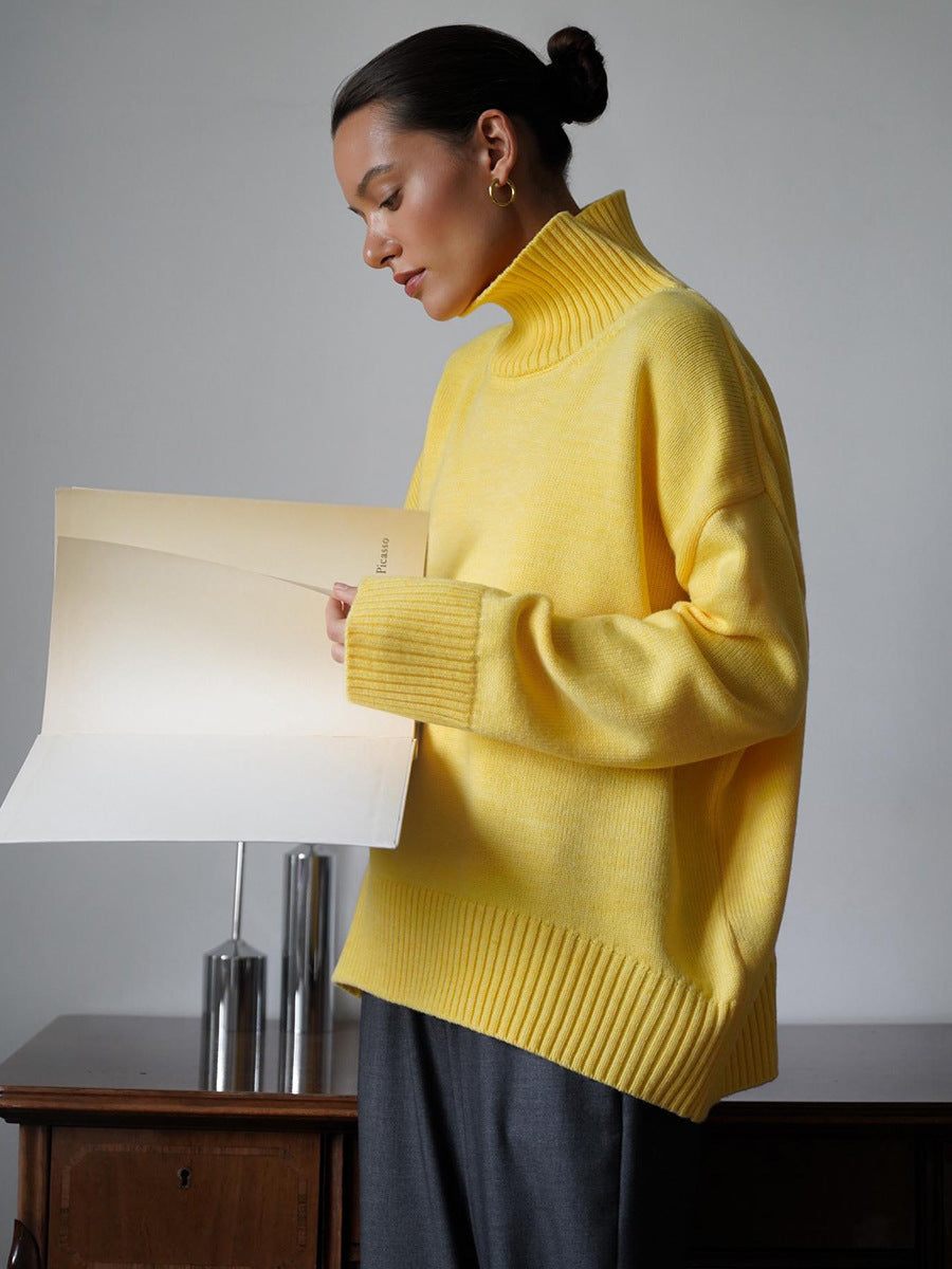 Cross-Border2025Hot-Selling European and American Style Autumn Winter Solid Color High Neck Knitted Sweater Loose Slimming Versatile Knitted Sweater for Women