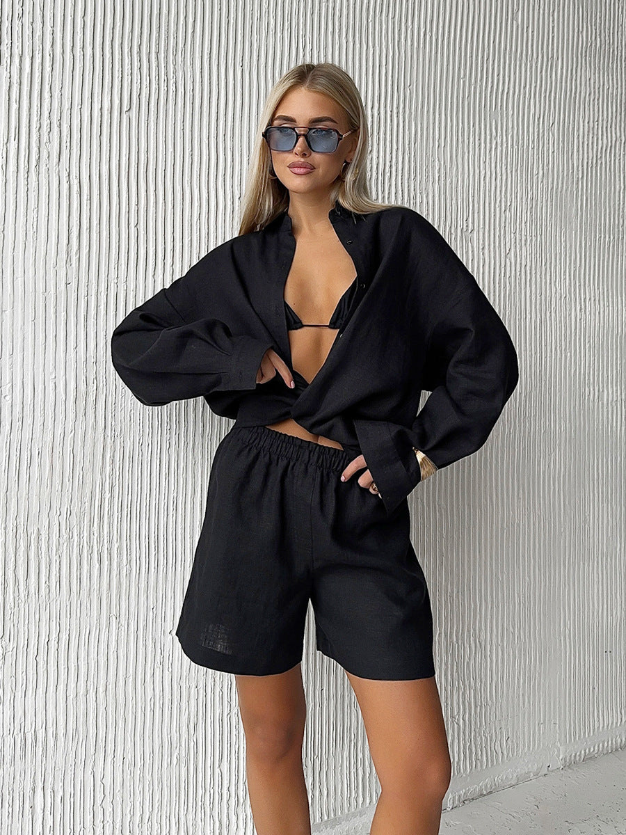 Cross-border pure cotton cardigan long sleeve shorts set2025Spring and summer outerwear simple solid color European and American style casual suit for women