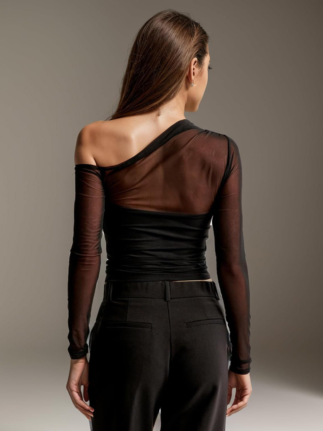 European and American Autumn New Foreign Trade Mesh Patchwork Sheer Asymmetrical Long Sleeve T T-shirt Pure Desire Sexy Unique Regular Shoulder Top