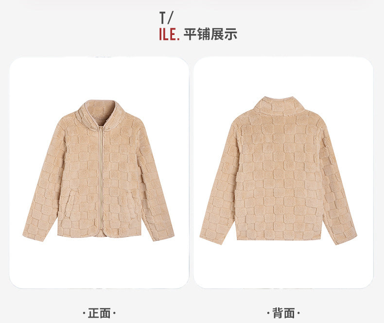 Shiny Velvet2023Autumn and Winter New Cross-Border European and American Women's Long Sleeve Cardigan Zipper Loose Solid Color Plaid Fuzzy Coat