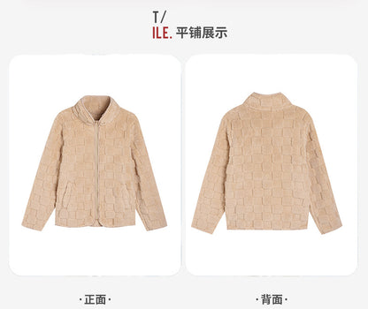 Shiny Velvet2023Autumn and Winter New Cross-Border European and American Women's Long Sleeve Cardigan Zipper Loose Solid Color Plaid Fuzzy Coat