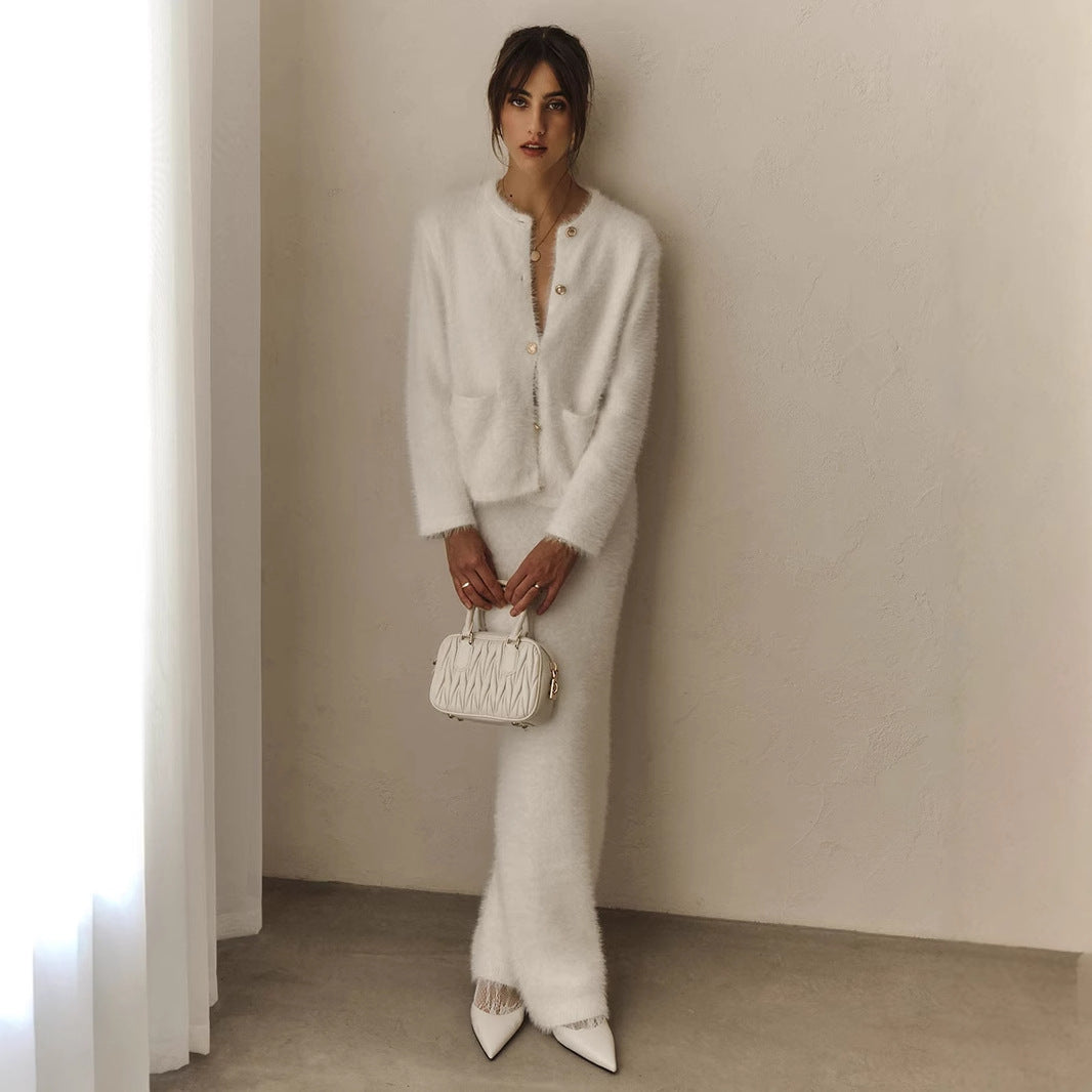 Cross-border Plush Long Sleeve Half-length Dress Set European and American Style2025Autumn and Winter New Single-Breasted Cardigan and Skirt Set