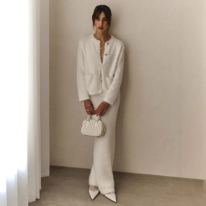 Cross-border Plush Long Sleeve Half-length Dress Set European and American Style2025Autumn and Winter New Single-Breasted Cardigan and Skirt Set