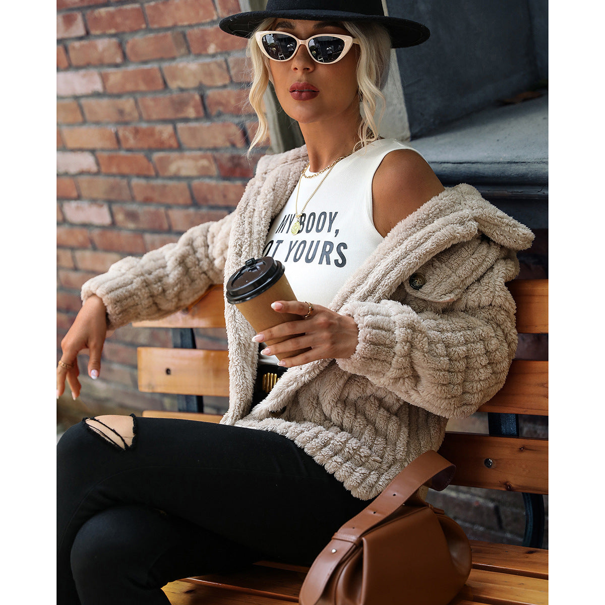 Shiny Velvet Cross-Border European and American Women's Double-Sided Velvet Long-Sleeve Turn-Down Collar Button-Up Solid Color Mid-Length Plush Coat