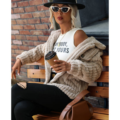 Shiny Velvet Cross-Border European and American Women's Double-Sided Velvet Long-Sleeve Turn-Down Collar Button-Up Solid Color Mid-Length Plush Coat